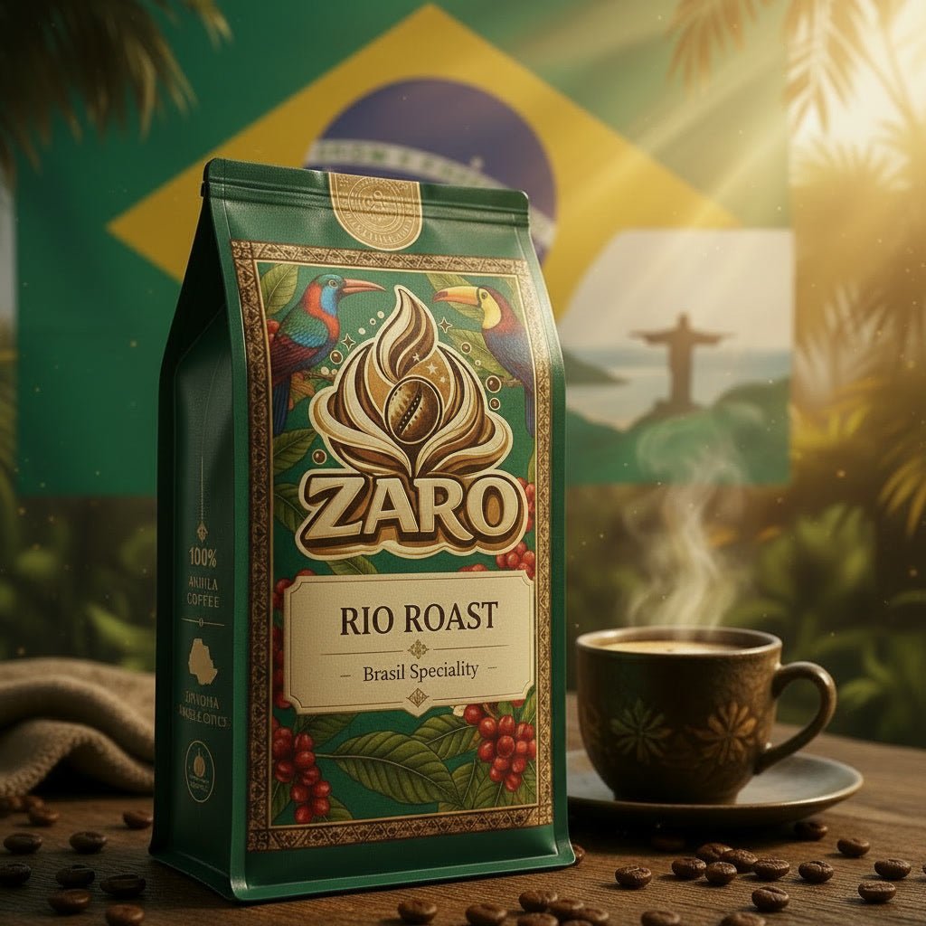 Sachet de café premium Rio Roast Zaro avec grains de café dorés et emballage élégant, photographie ultra-réaliste 4K
