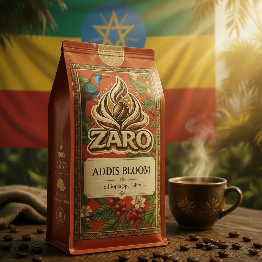 Sachet de café Zaro ADDIS BLOOM, grains d'Éthiopie, emballage de café premium, photographie réaliste en haute résolution.